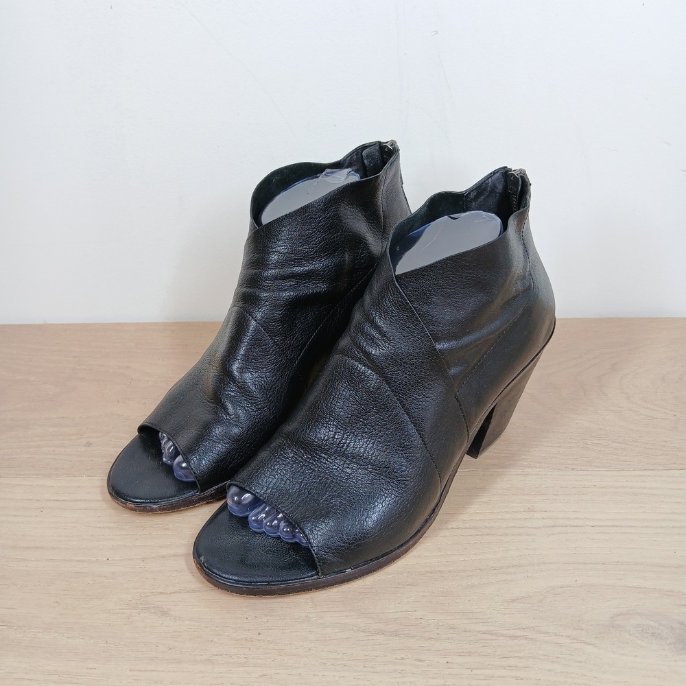 Eileen Fisher Booties Women 9 Black Leather Peep Toe Block Heel Rear Zip